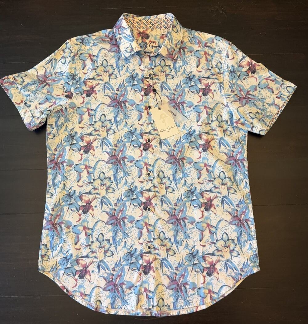 NWT Robert Graham DURKIN Floral Tropical Print Short Sleeve Shirt Stretch S $188